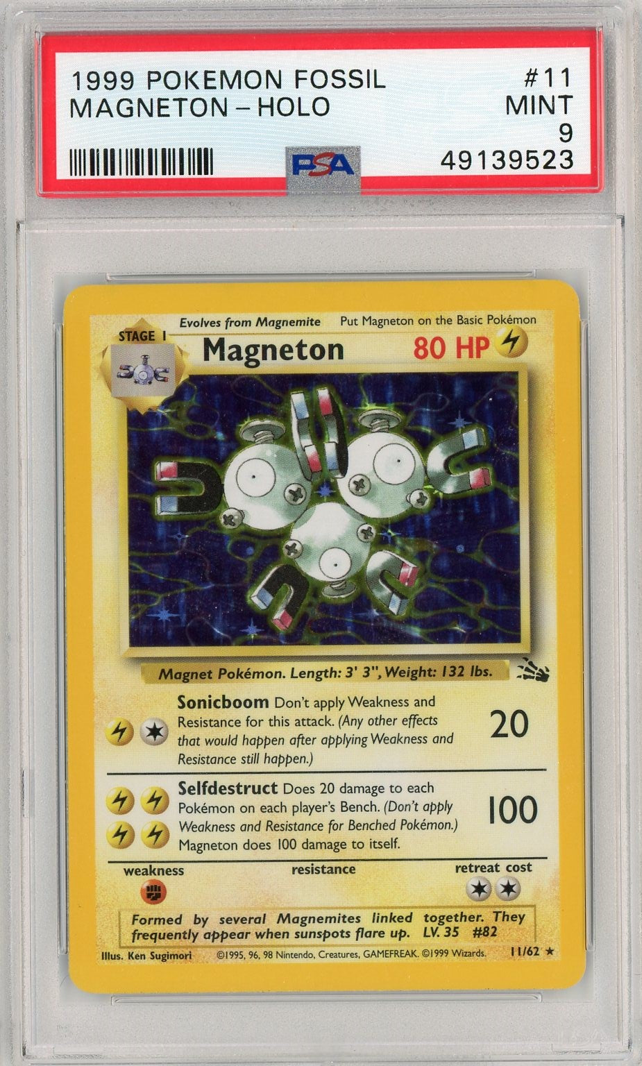 PSA 9 MINT - Magneton 11/62 (Holo) - Fossil 1999