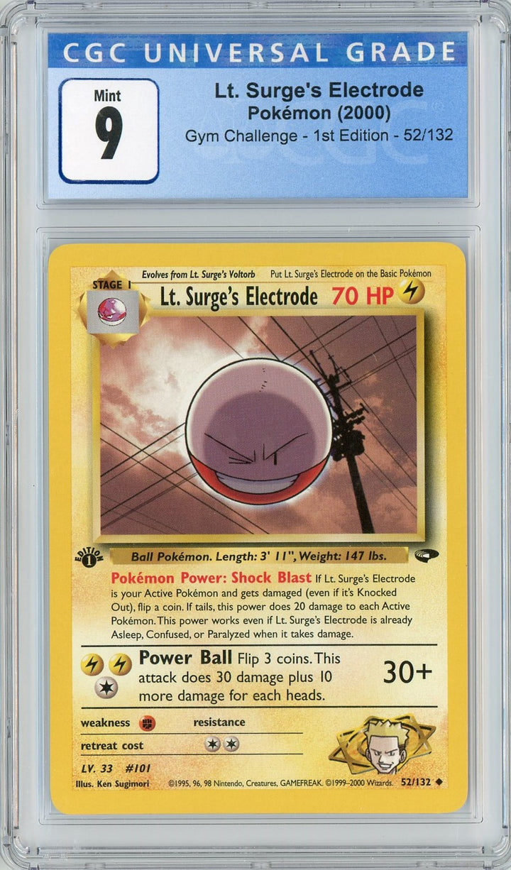 CGC 9 Mint - Lt. Surge's Electrode 52/132 (1st Edition) - Gym Challenge 2000