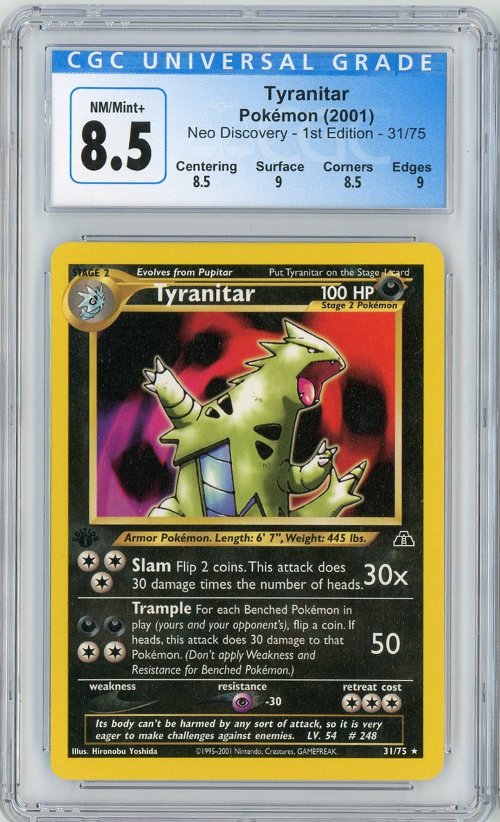 CGC 8.5 NM/Mint+ Tyranitar 31/75 (1st Edition) - Neo Discovery 2001